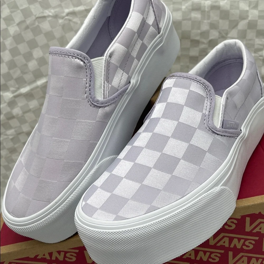 Vans Platform Sneakers Classic Slip-On Stackform Satin Checkerboard Lilac